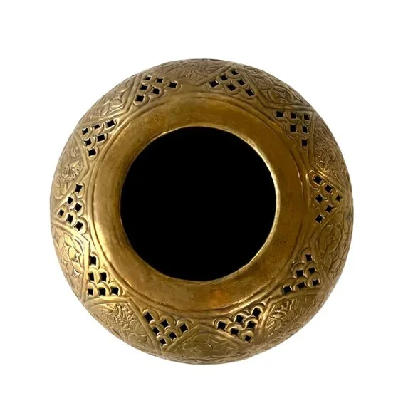 Vintage Large Brass Round Sphere Planter Floral Thistle Geometric Designs 11" - Picture 7 of 11